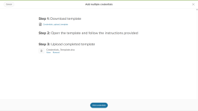 Add multiple credentials window is open. There are 3 steps. Step 1: Download template. Step 2: Open the template and follow the instructions. Step 3: Upload completed template